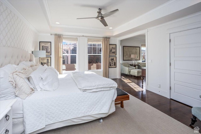 2025 W Orchard Harvest Dr, Kaysville, UT 84037 - bedroom with ceiling fan, a raised ceiling, ornamental molding, and dark hardwood / wood-style flooring
