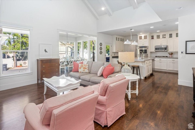 2025 W Orchard Harvest Dr, Kaysville, UT 84037 - living room with beamed ceiling, dark hardwood / wood-style floors, plenty of natural light, and high vaulted ceiling