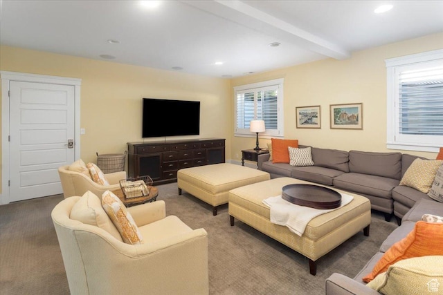 2025 W Orchard Harvest Dr, Kaysville, UT 84037 - living room with beamed ceiling and carpet