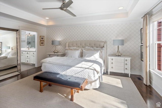 2025 W Orchard Harvest Dr, Kaysville, UT 84037 - bedroom with ensuite bathroom, crown molding, a raised ceiling, dark wood-type flooring, and ceiling fan