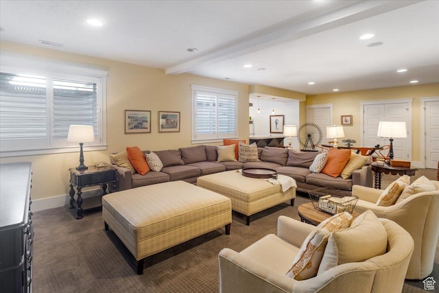 2025 W Orchard Harvest Dr, Kaysville, UT 84037 - carpeted living room featuring beamed ceiling
