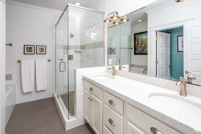 2025 W Orchard Harvest Dr, Kaysville, UT 84037 - bathroom with tile patterned flooring, vanity, ornamental molding, and shower with separate bathtub