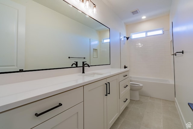 full bathroom with shower / bathtub combination, toilet, tile patterned flooring, and vanity