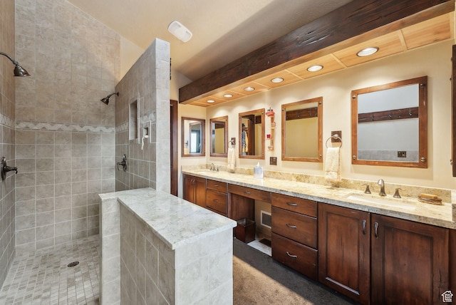 4552 S Zarahemla Dr E, Salt Lake City, UT 84124 - bathroom featuring recessed lighting, walk in shower, double vanity, and a sink
