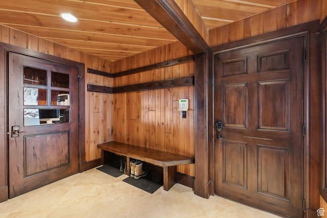 4552 S Zarahemla Dr E, Salt Lake City, UT 84124 - mudroom featuring tile patterned floors, wooden ceiling, and wood walls