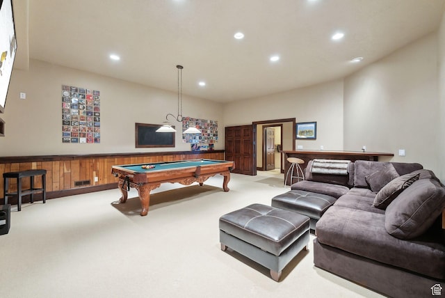 4552 S Zarahemla Dr E, Salt Lake City, UT 84124 - game room featuring billiards, recessed lighting, light colored carpet, and a wainscoted wall