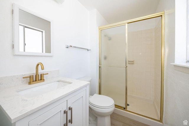 2243 N 1400 E, North Logan, UT 84341 - bathroom featuring hardwood / wood-style floors, toilet, a shower with door, and vanity