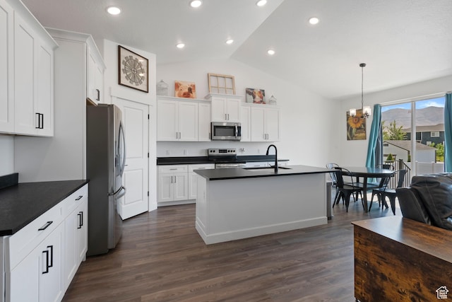 3492 N Delta St, Eagle Mountain, UT 84005 - kitchen with white cabinets, appliances with stainless steel finishes, decorative light fixtures, dark wood-type flooring, and sink