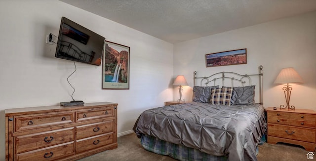 bedroom with a textured ceiling and light carpet