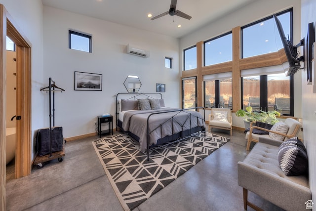 171 E Mt Peale Dr, Moab, UT 84532 - bedroom featuring concrete floors, a high ceiling, an AC wall unit, and ceiling fan