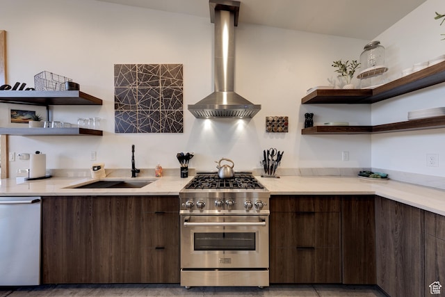 171 E Mt Peale Dr, Moab, UT 84532 - kitchen featuring wall chimney exhaust hood, sink, dark brown cabinetry, and appliances with stainless steel finishes