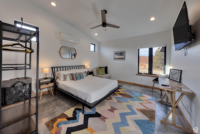 171 E Mt Peale Dr, Moab, UT 84532 - bedroom featuring an AC wall unit, concrete floors, ceiling fan, and vaulted ceiling