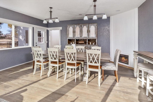dining area featuring rail lighting and light hardwood / wood-style flooring