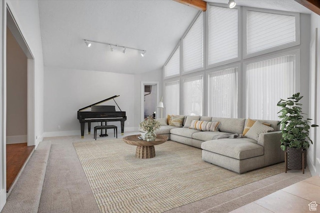 1790 N 120 E, Orem, UT 84057 - living room with rail lighting, high vaulted ceiling, light tile patterned flooring, and beam ceiling
