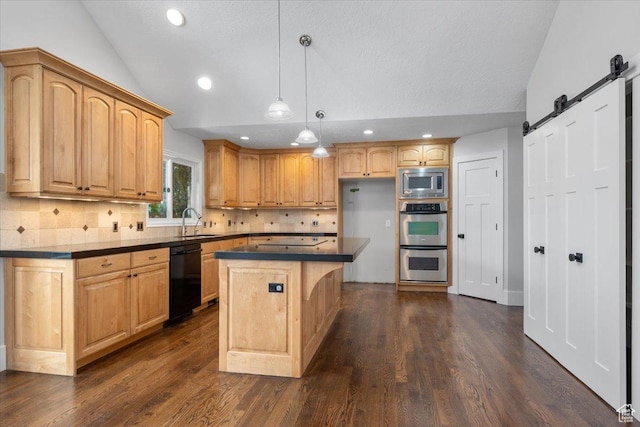 1790 N 120 E, Orem, UT 84057 - kitchen featuring pendant lighting, sink, stainless steel appliances, vaulted ceiling, and a barn door