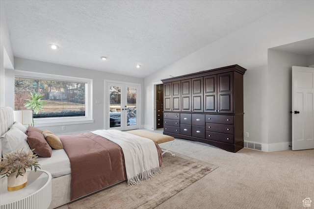 1790 N 120 E, Orem, UT 84057 - bedroom featuring vaulted ceiling, access to outside, light carpet, a textured ceiling, and french doors