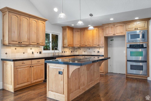 1790 N 120 E, Orem, UT 84057 - kitchen featuring lofted ceiling, sink, hanging light fixtures, stainless steel appliances, and a center island