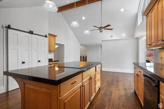 1790 N 120 E, Orem, UT 84057 - kitchen with dark wood-type flooring, decorative light fixtures, a kitchen island, ceiling fan, and black appliances