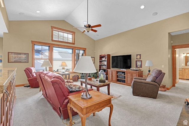 315 S Bear Lake Blvd, Garden City, UT 84028 - living area with ceiling fan, high vaulted ceiling, light colored carpet, and baseboards