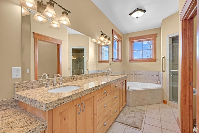 315 S Bear Lake Blvd, Garden City, UT 84028 - full bathroom featuring a shower stall, tile patterned floors, a bath, and double vanity