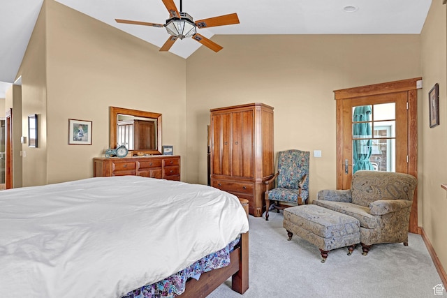 315 S Bear Lake Blvd, Garden City, UT 84028 - bedroom featuring light carpet, high vaulted ceiling, ceiling fan, and baseboards