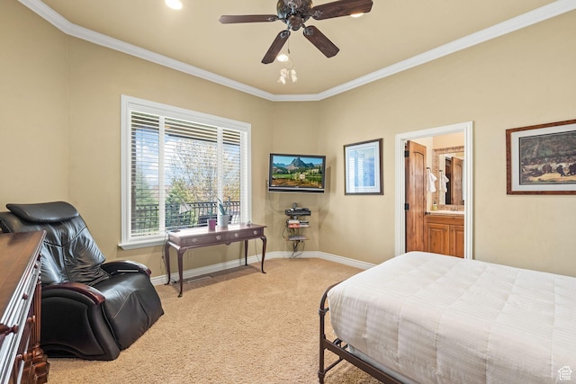 364 N Tanner Ln, Midway, UT 84049 - bedroom featuring light carpet, ensuite bathroom, ceiling fan, and crown molding