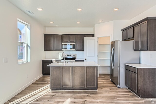 kitchen with dark brown cabinetry, appliances with stainless steel finishes, decorative backsplash, light wood-type flooring, and a center island with sink