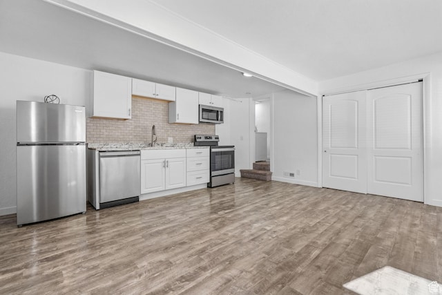 789 27th St, Ogden, UT 84403 - kitchen with tasteful backsplash, sink, white cabinets, stainless steel appliances, and light wood-type flooring