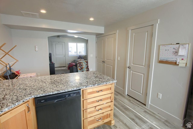 2460 W 450 N # 10, Tremonton, UT 84337 - kitchen featuring light stone counters, black dishwasher, light hardwood / wood-style floors, and light brown cabinets