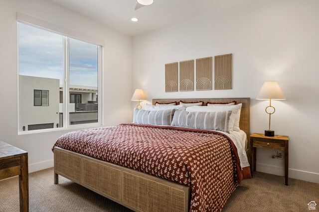bedroom featuring recessed lighting, carpet flooring, and baseboards