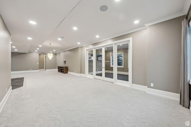 2905 E Denmark Dr, Cottonwood Heights, UT 84121 - basement with recessed lighting, crown molding, light carpet, baseboards, and french doors