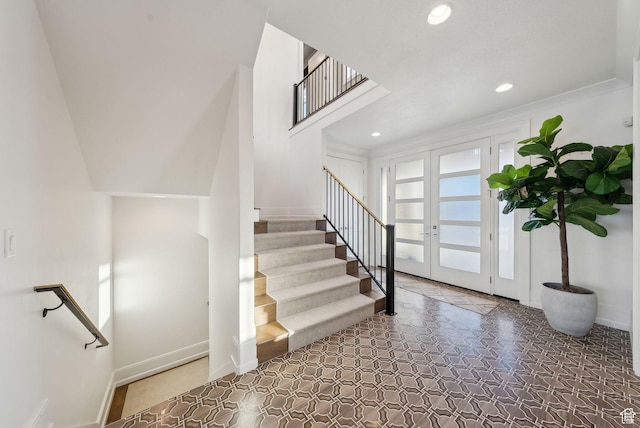 2905 E Denmark Dr, Cottonwood Heights, UT 84121 - foyer entrance featuring baseboards, stairway, french doors, and recessed lighting