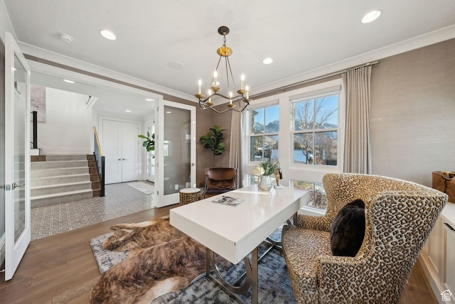 2905 E Denmark Dr, Cottonwood Heights, UT 84121 - office space with french doors, an inviting chandelier, recessed lighting, ornamental molding, and wood finished floors