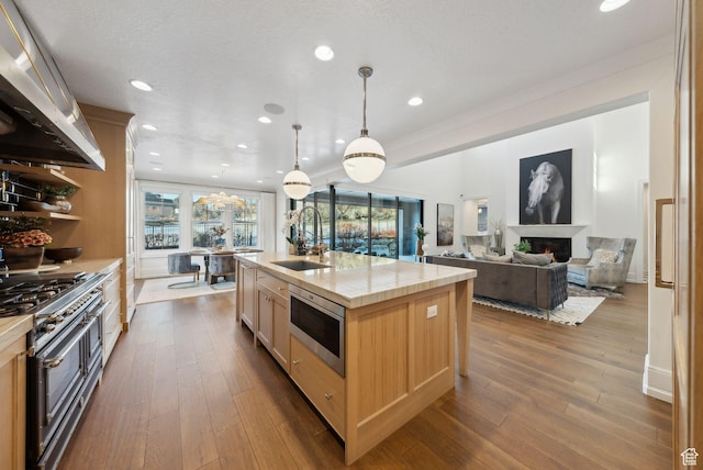 2905 E Denmark Dr, Cottonwood Heights, UT 84121 - kitchen with a sink, stainless steel appliances, light brown cabinets, ventilation hood, and dark wood finished floors