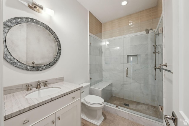 2905 E Denmark Dr, Cottonwood Heights, UT 84121 - bathroom featuring recessed lighting, a stall shower, toilet, and vanity