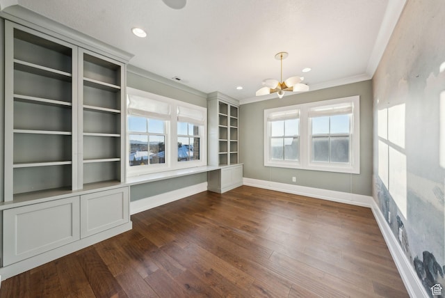 2905 E Denmark Dr, Cottonwood Heights, UT 84121 - interior space with visible vents, baseboards, dark wood-style flooring, ornamental molding, and a notable chandelier