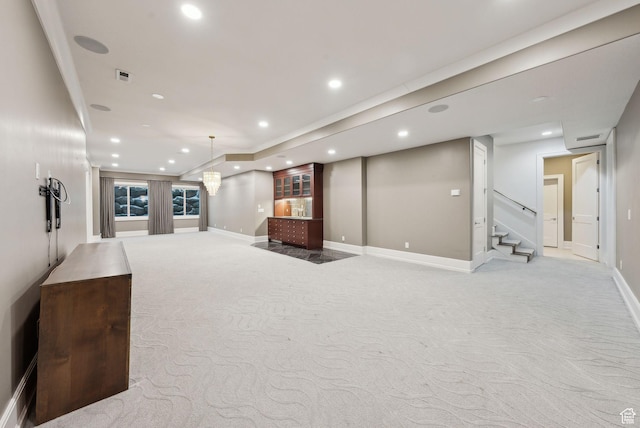 2905 E Denmark Dr, Cottonwood Heights, UT 84121 - basement featuring recessed lighting, stairs, light colored carpet, and baseboards