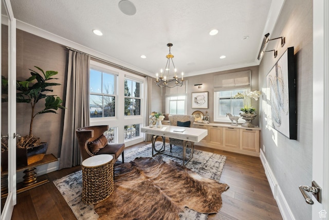 2905 E Denmark Dr, Cottonwood Heights, UT 84121 - office space with recessed lighting, a chandelier, wood-type flooring, baseboards, and crown molding