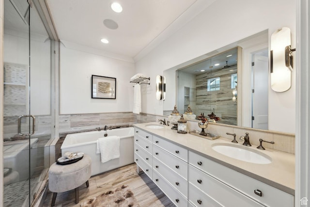 2905 E Denmark Dr, Cottonwood Heights, UT 84121 - bathroom with tile walls, a sink, a shower stall, and a tub