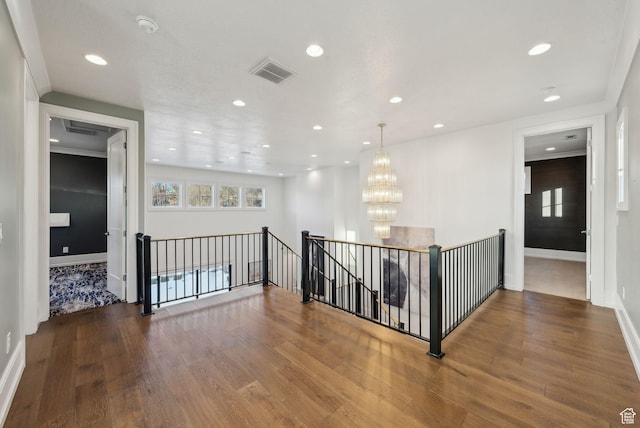 2905 E Denmark Dr, Cottonwood Heights, UT 84121 - hall featuring visible vents, wood finished floors, an upstairs landing, and recessed lighting