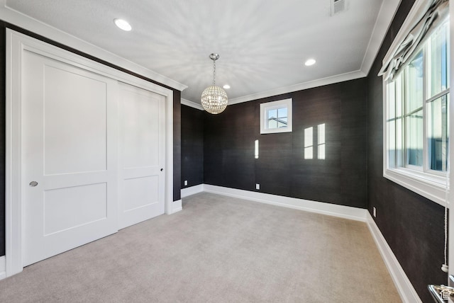 2905 E Denmark Dr, Cottonwood Heights, UT 84121 - interior space featuring recessed lighting, an inviting chandelier, crown molding, visible vents, and light colored carpet