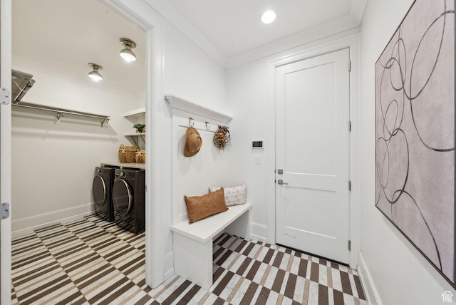 2905 E Denmark Dr, Cottonwood Heights, UT 84121 - mudroom with baseboards, tile patterned floors, separate washer and dryer, and ornamental molding