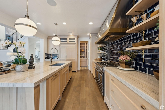 2905 E Denmark Dr, Cottonwood Heights, UT 84121 - kitchen with decorative backsplash, open shelves, a sink, range with two ovens, and recessed lighting