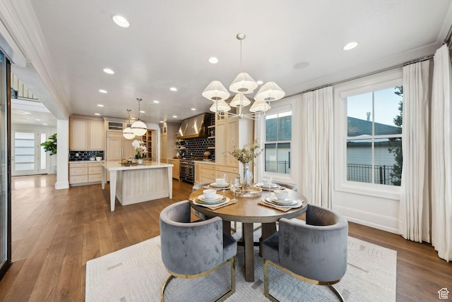2905 E Denmark Dr, Cottonwood Heights, UT 84121 - dining area with recessed lighting, wood finished floors, and a chandelier
