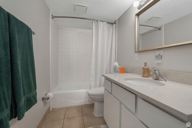 3655 E Oak Rim Way, Millcreek, UT 84109 - full bathroom with tile patterned flooring, vanity, shower / bath combination with curtain, a textured ceiling, and toilet
