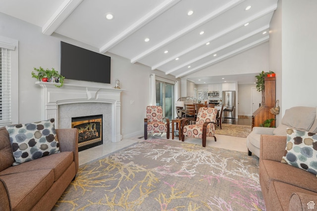 3655 E Oak Rim Way, Millcreek, UT 84109 - living room featuring a premium fireplace and vaulted ceiling with beams