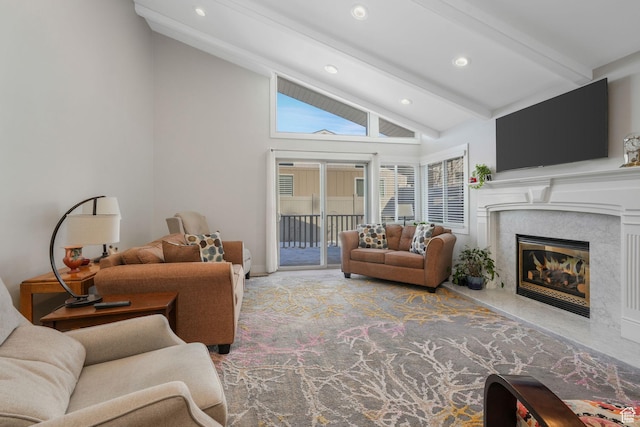 3655 E Oak Rim Way, Millcreek, UT 84109 - living room featuring vaulted ceiling with beams and a premium fireplace