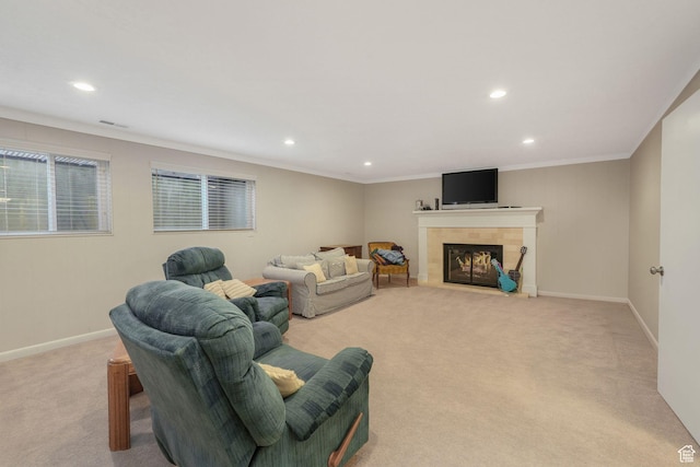 3655 E Oak Rim Way, Millcreek, UT 84109 - living room featuring a tile fireplace, ornamental molding, and light carpet