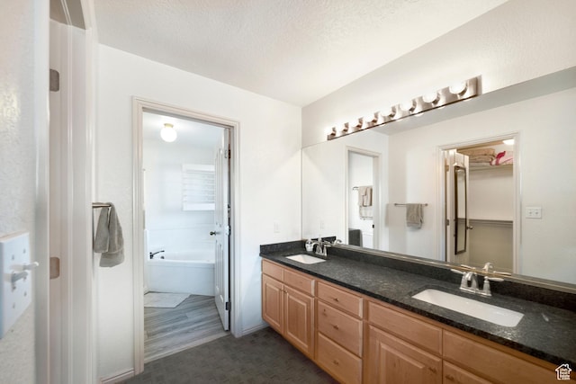 bathroom featuring double vanity and a garden tub