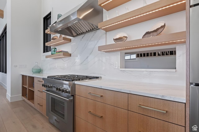2066 E Oquirrh Mountain Cir, Heber City, UT 84032 - kitchen with modern cabinets, open shelves, high end stainless steel range oven, tasteful backsplash, and wall chimney exhaust hood